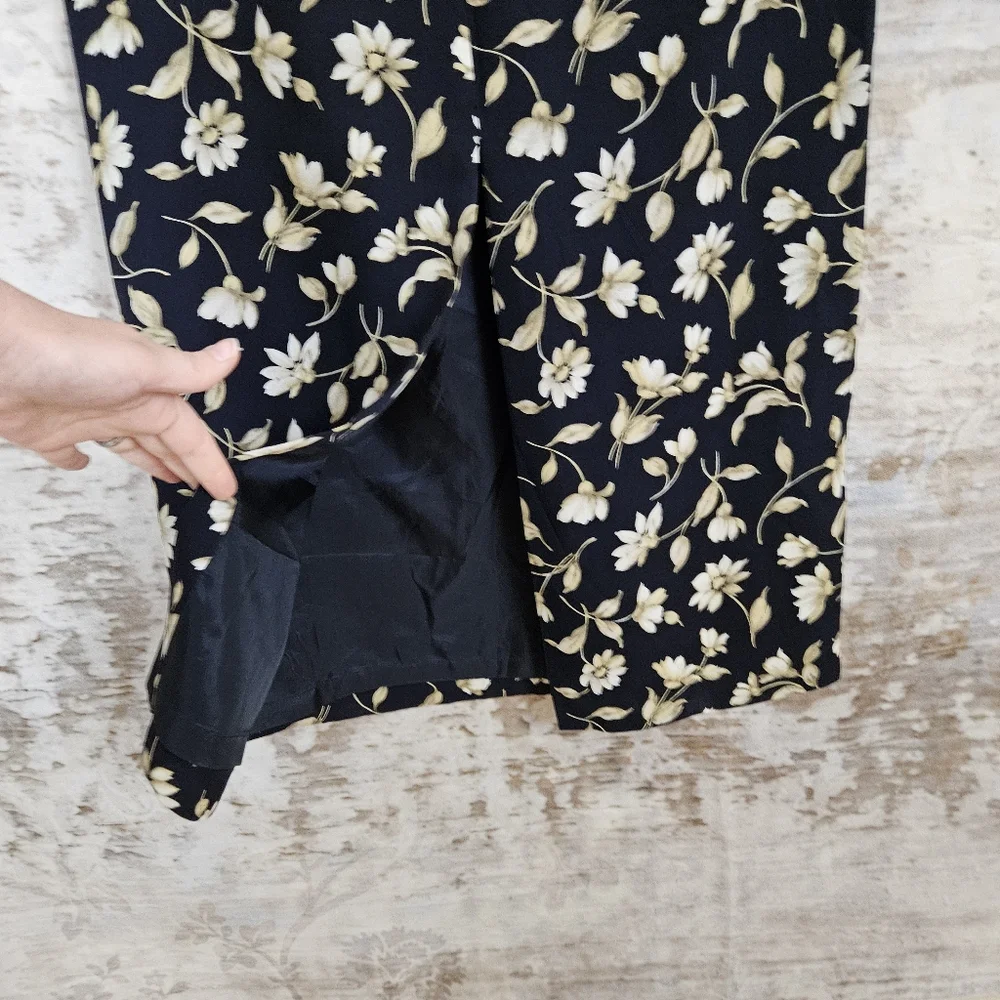 Vintage 1990s Silk Black Floral Maxi Skirt M Column 90s Jones New York Grunge